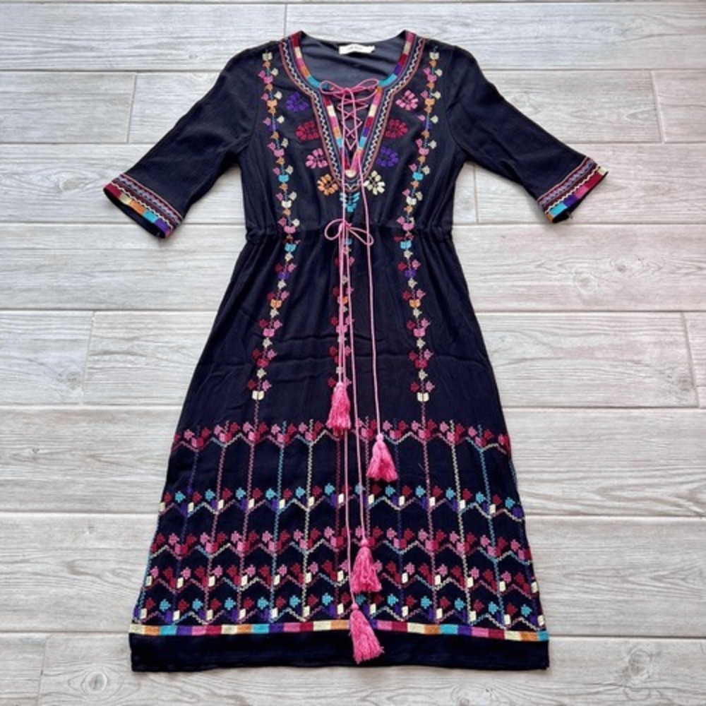 Lynn Adler Women's M Black Embroidered Floral Tassel Tie Midi Dress